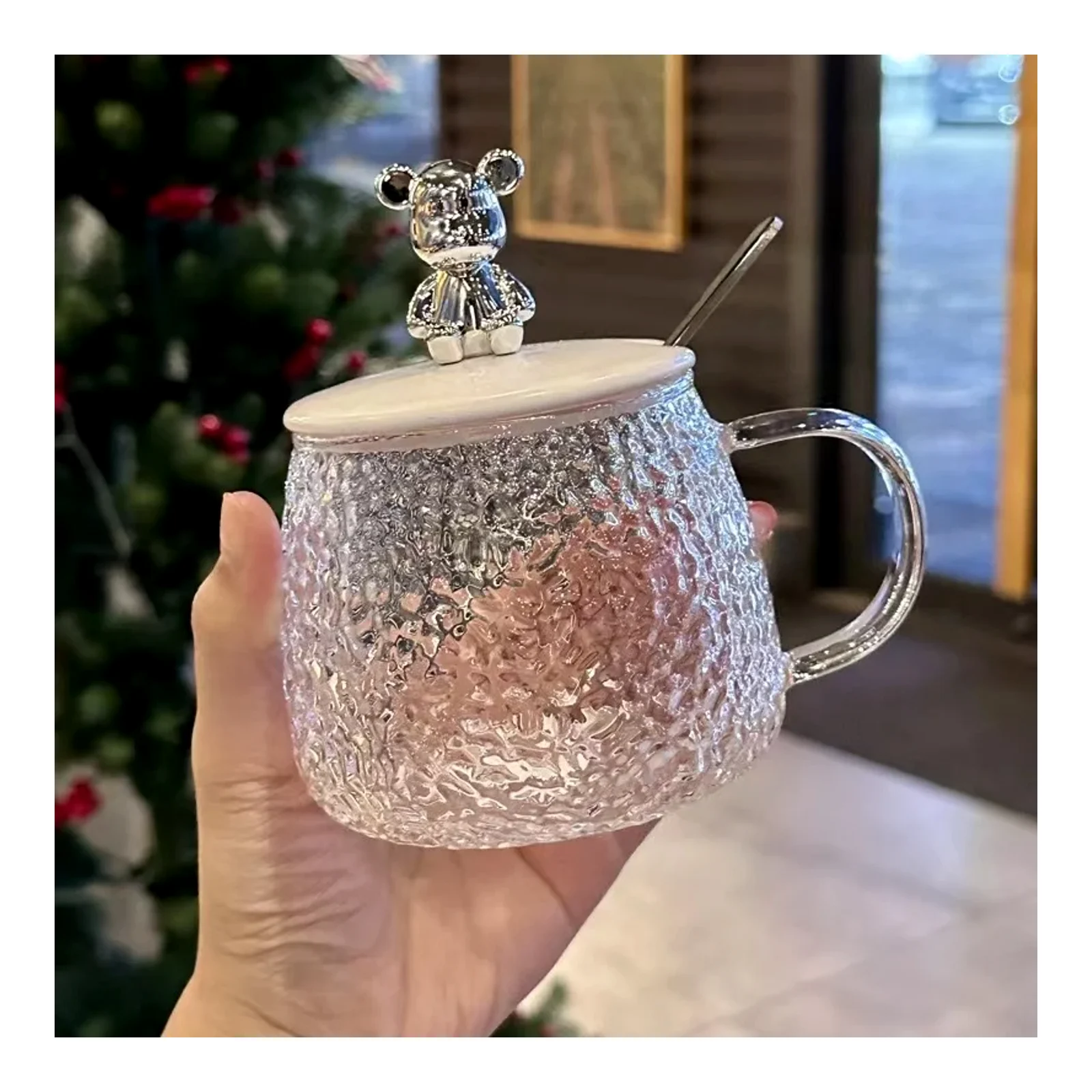 แก้วกาแฟลายค้อนหมีน้อย แก้วน้ำสไตล์มินิมอลอินส์สำหรับผู้หญิง มีหูจับ มีฝา แก้วสำหรับอาหารเช้า แก้วชาใส
