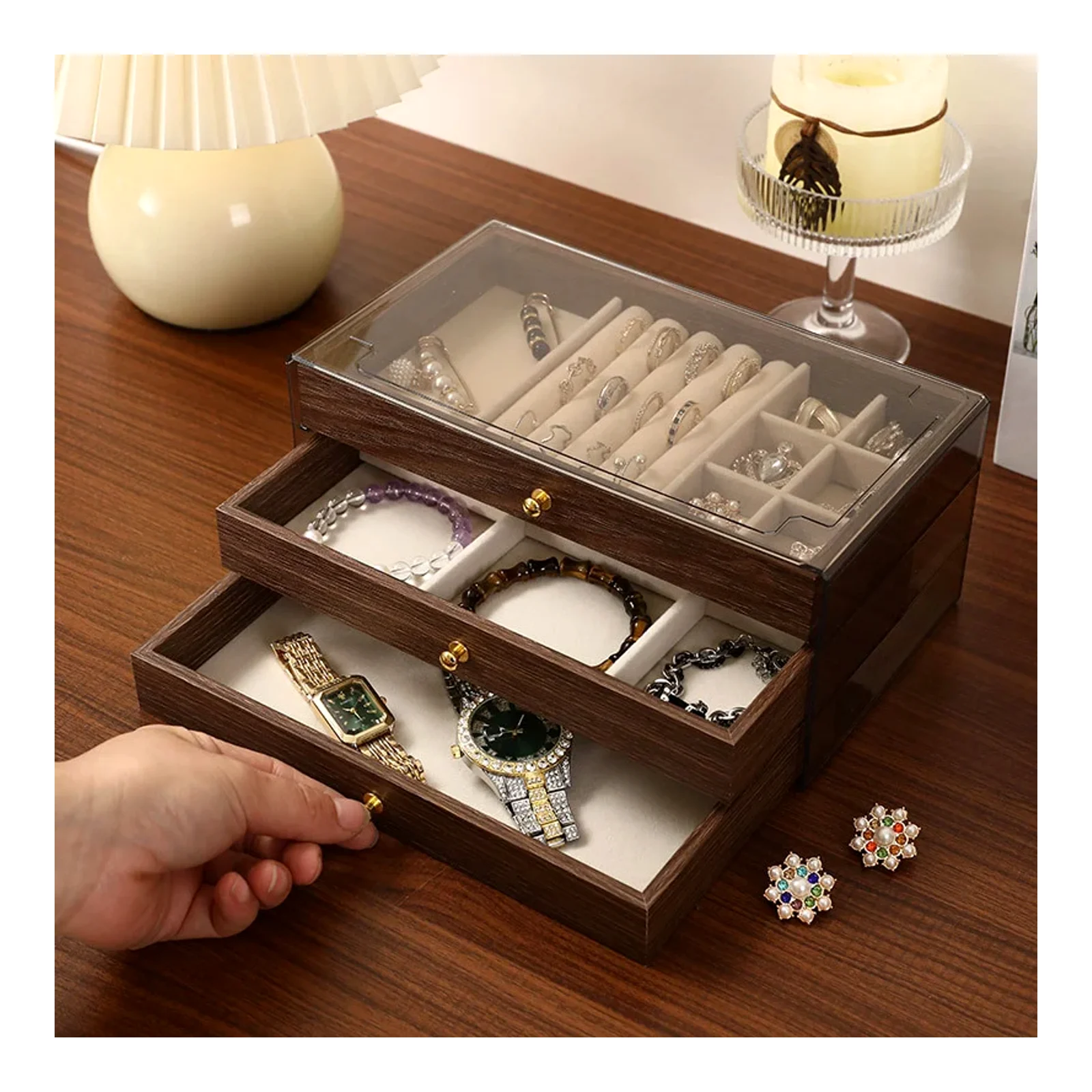 Walnut grain multi-layer large-capacity jewelry box high-end bracelet earrings large-capacity retro jewelry storage box dust-proof