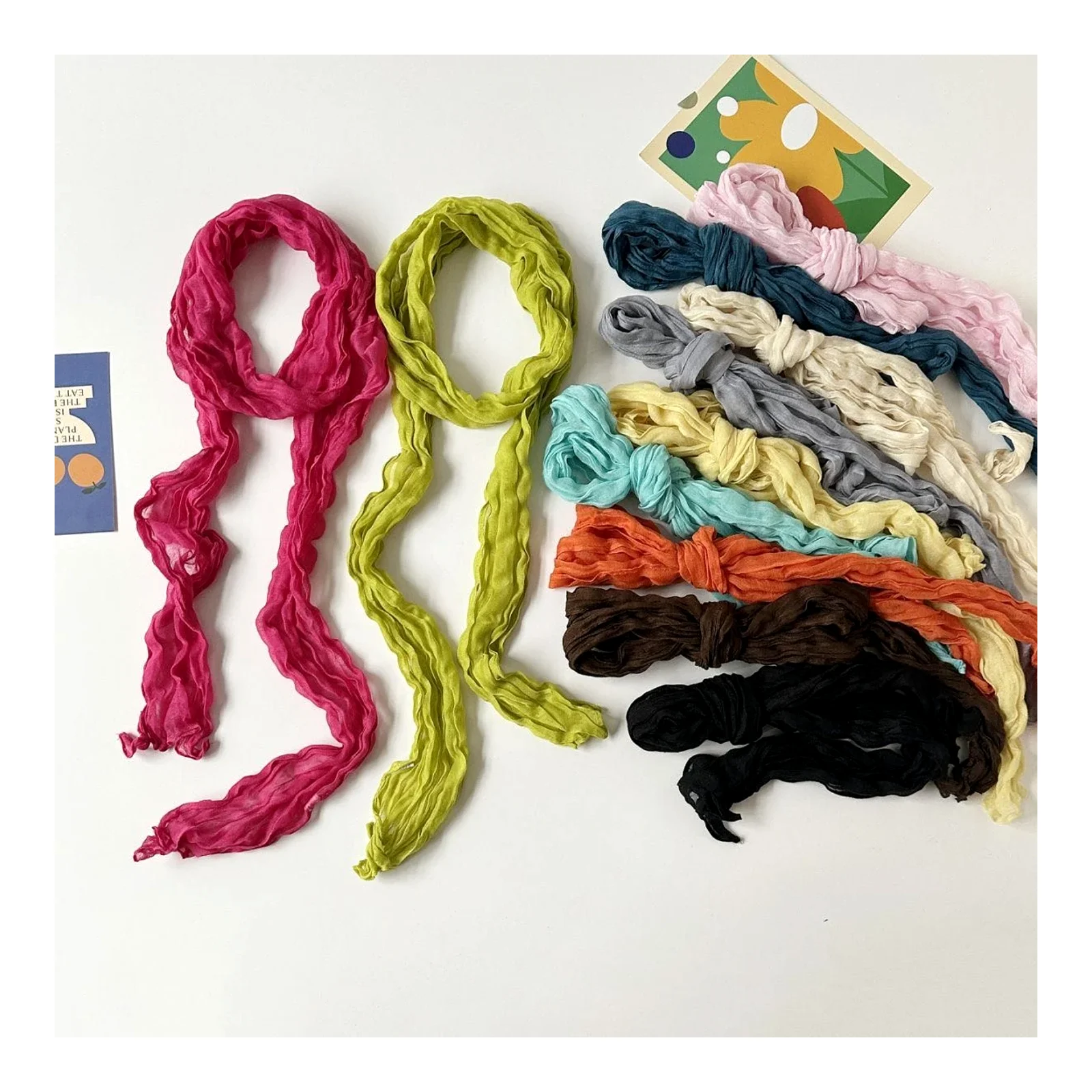 Slim pleated long scarf, solid-color cotton gauze crinkled silk scarf, atmospheric twisted-texture small streamer