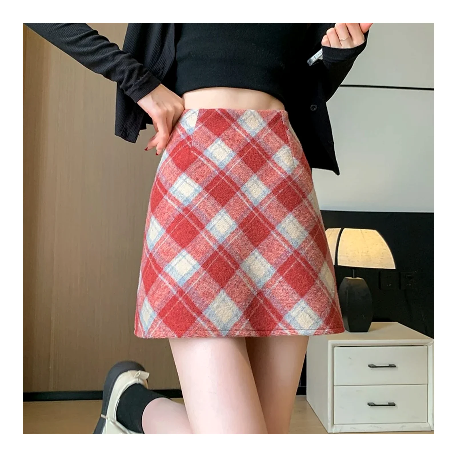 សំពត់ A-line Woolen សរទរដូវ និងរដូវរងា សំពត់ខ្លីពាក់កណ្តាលប្រវែងសម្រាប់ស្ត្រី សំពត់ចង្កេះខ្ពស់ស្លីមសមតាមបែបកូរ៉េ A-line