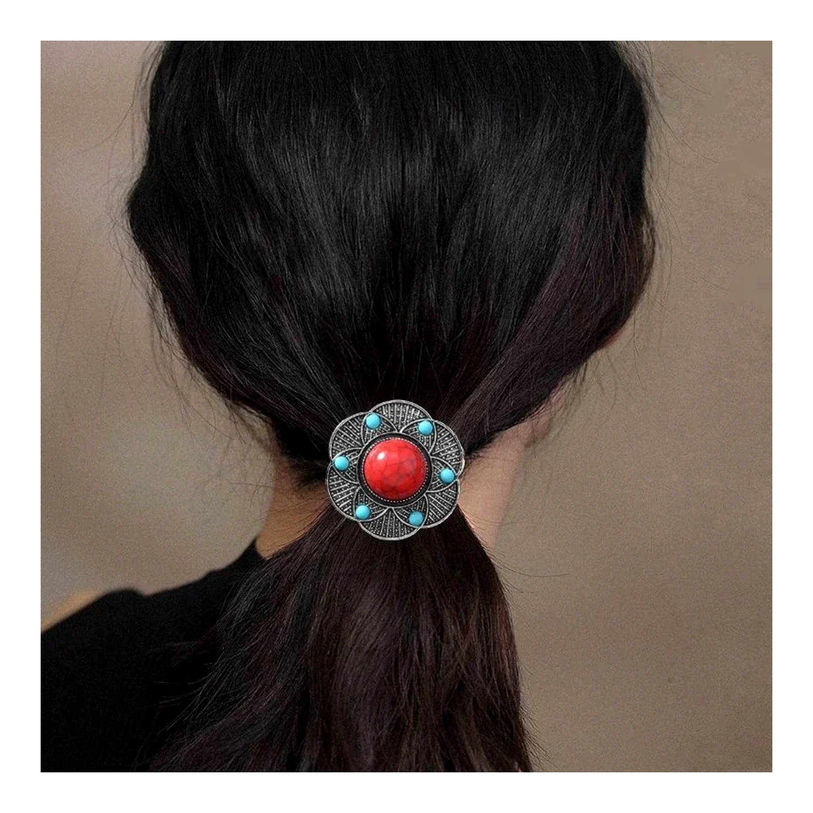 Dây buộc tóc phong cách dân tộc bạc cổ giả đá turquoise phong cách Bohemian dây buộc tóc hoa phụ kiện tóc