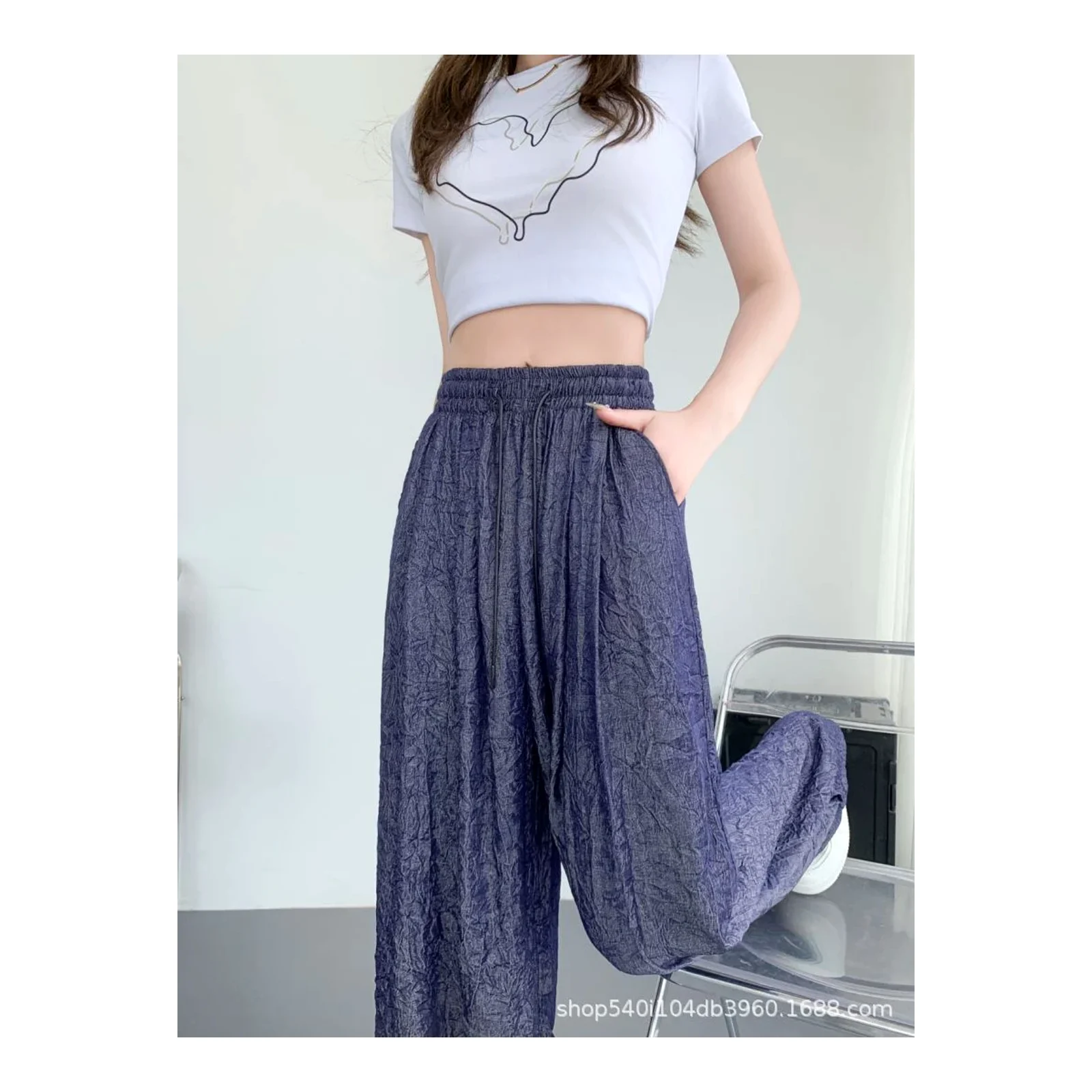 Seluar jeans lebar wanita tencel lembut ais sutera musim panas nipis biru gelap pinggang tinggi jatuh lurus longgar labuh menyapu lantai