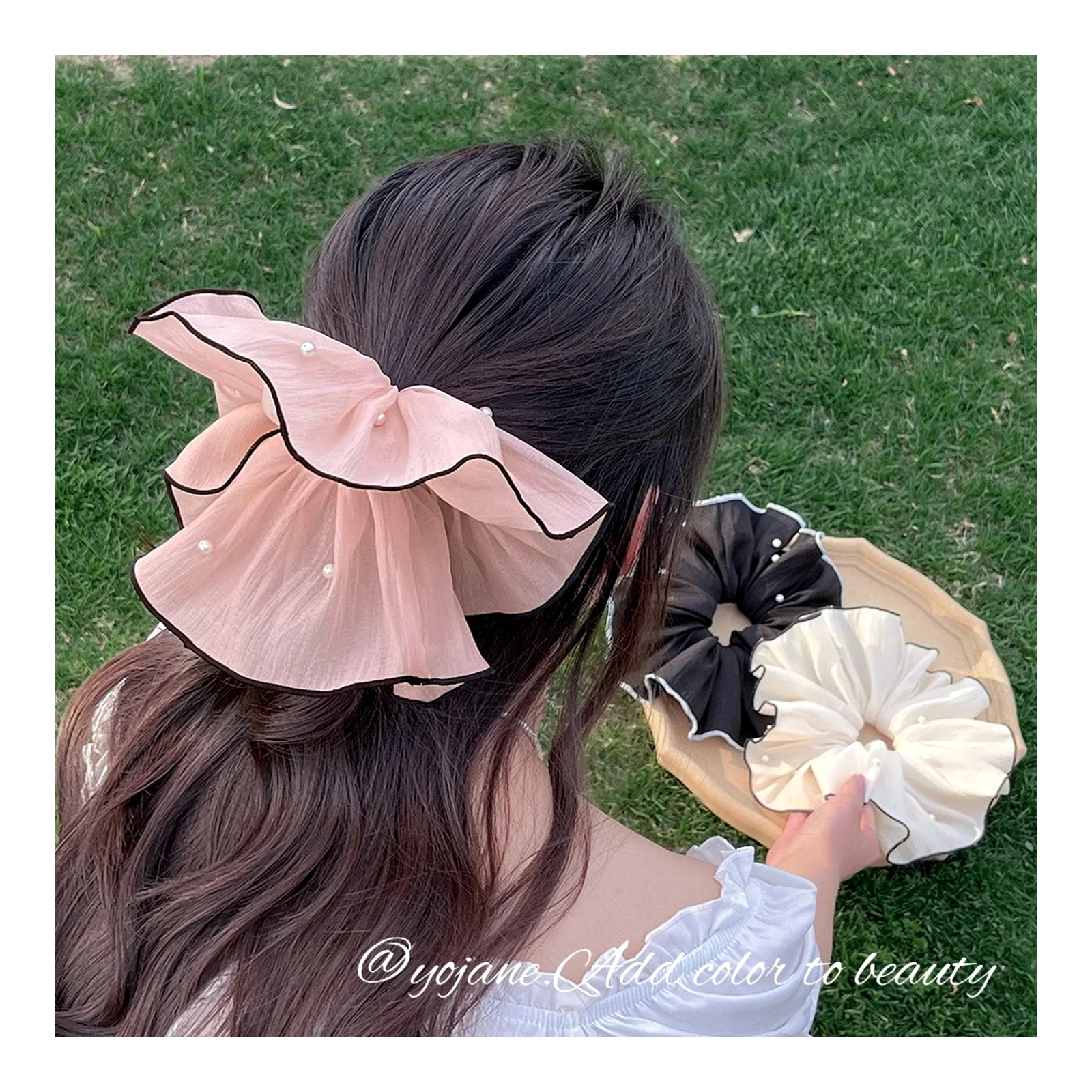 Gelang rambut chiffon besar dengan reben busur, aksesori rambut sanggul, gelang rambut besar