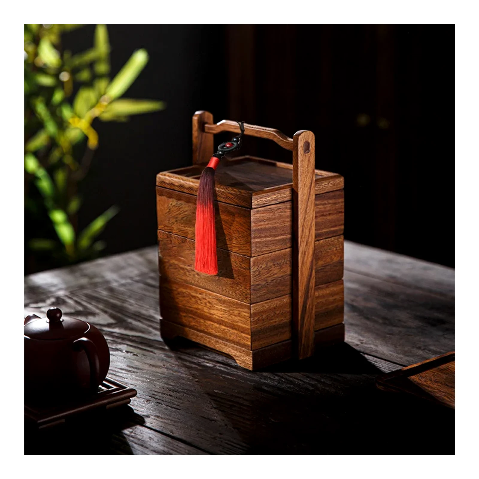 កន្ត្រកដៃឈើ walnut ប្រអប់អាហារសម្រាប់ផ្ទុកចំណីអាហារបីជាន់ ប្រអប់ដាក់នំចំណី ប្រអប់តែបែបចិនថ្មី ប្រអប់កាដូ ឧបករណ៍តែចល័តសម្រាប់ក្រៅផ្ទះ