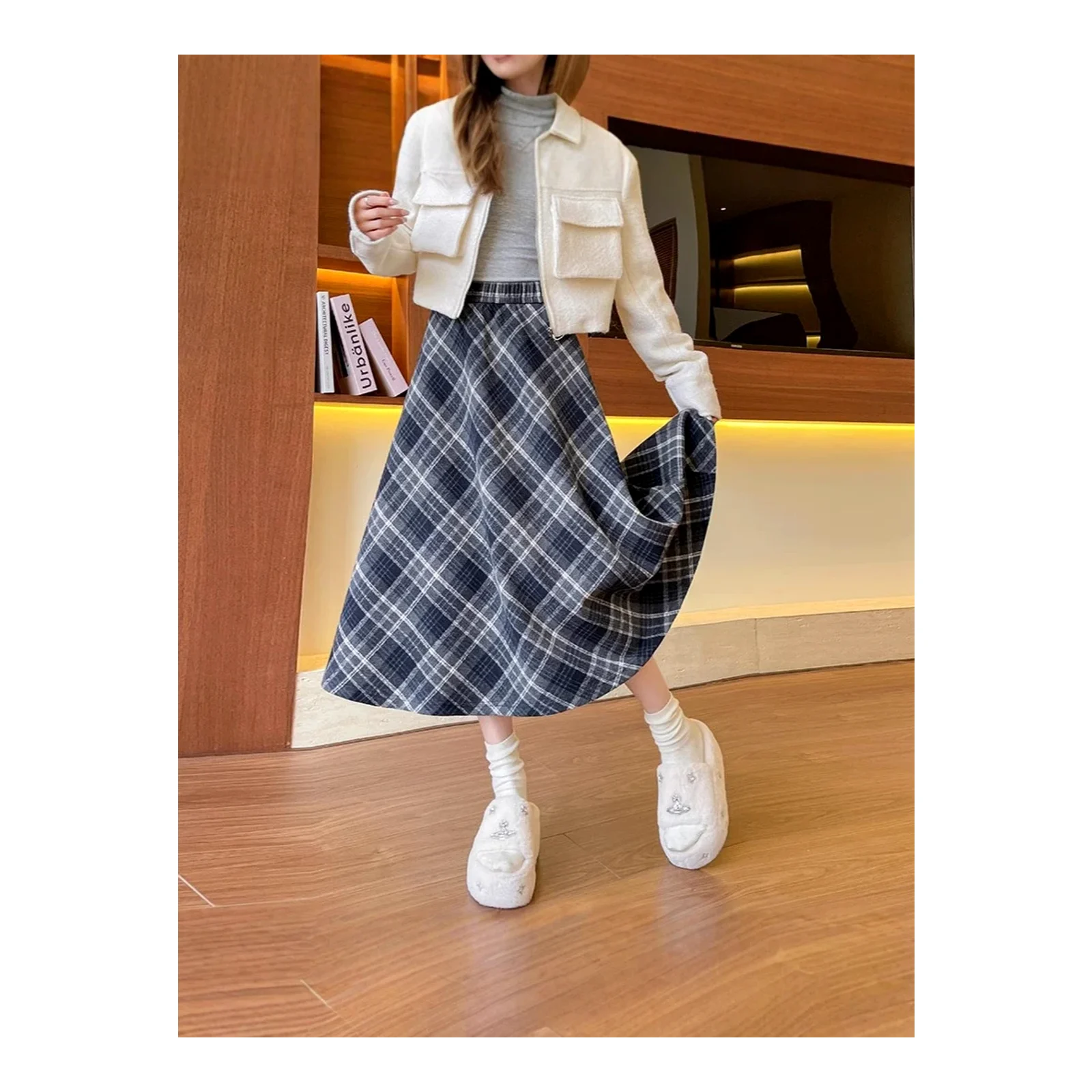 Skirt wanita musim luruh musim sejuk gaya Maillard panjang sederhana pinggang tinggi nampak kurus skirt payung labuh retro serba boleh saiz besar skirt panjang