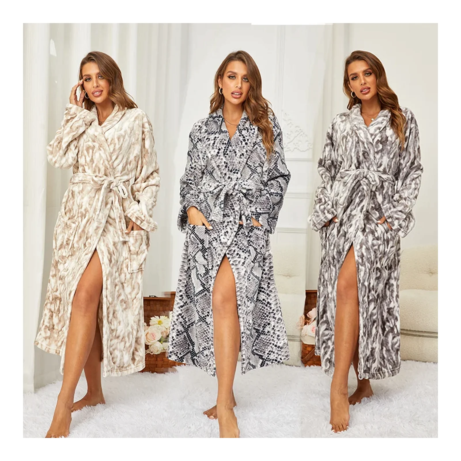 Jubah mandi kolar berzip Zhenai Zhenfang panjang pajama bercetak kolar santai flanel jubah tidur jubah mandi