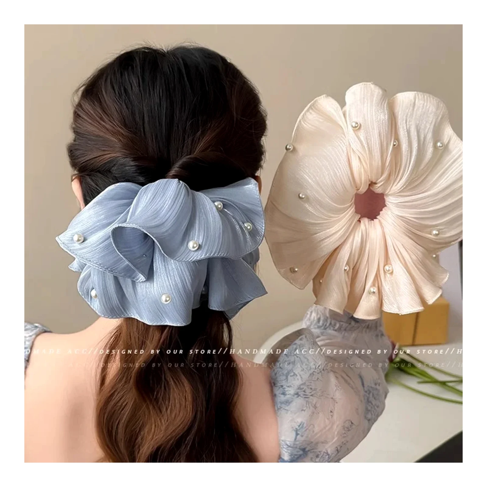 Aksesori rambut gaya Korea, gelang getah rambut, gelang rambut berkedut, hiasan rambut mutiara, gelang rambut mutiara saiz besar
