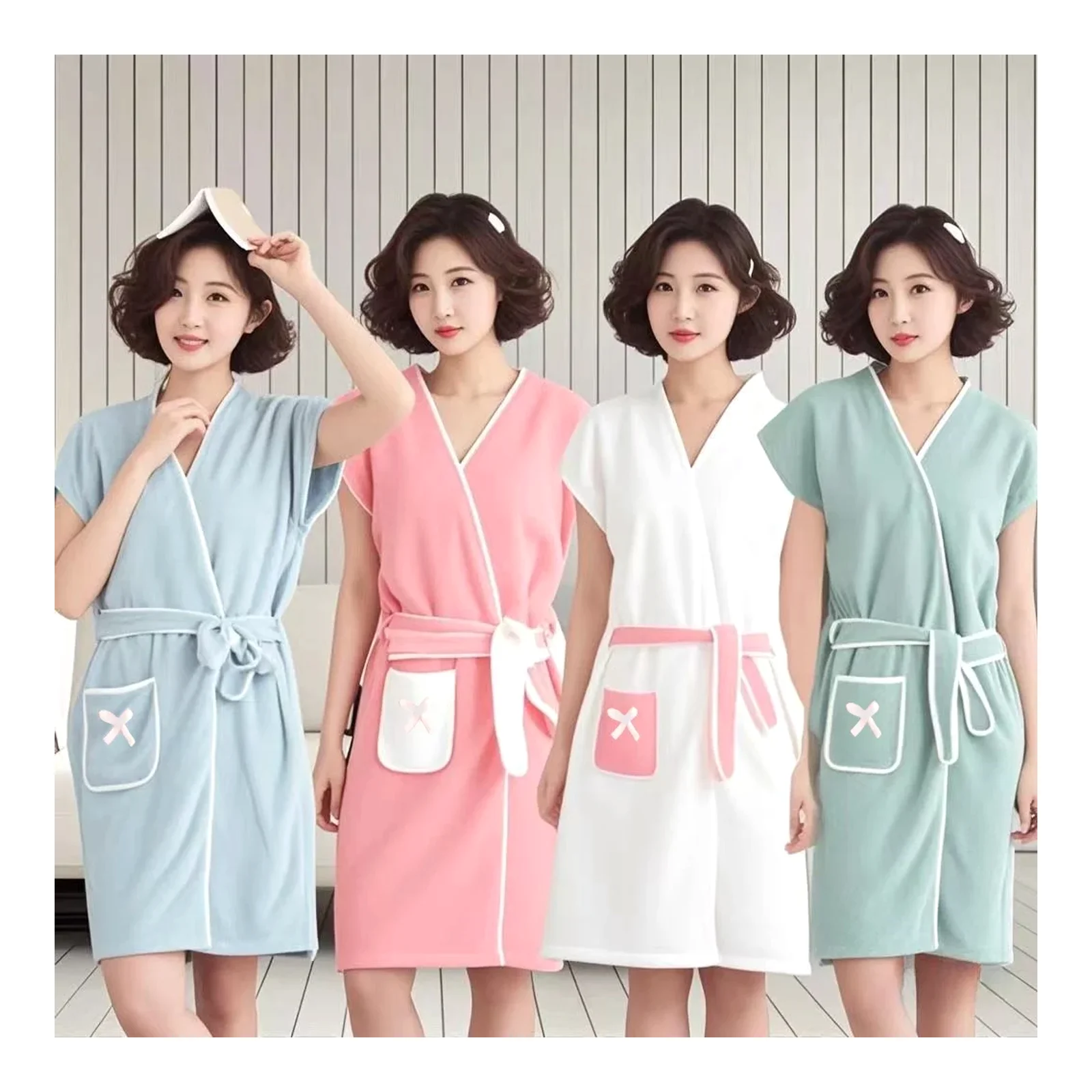 អាវរងារងូតទឹកក្រណាត់កប្បាស Coral Fleece ជាមួយខ្សែក្រវាត់ អាចពាក់បាន កន្សែងងូតទឹកសម្រាប់ស្ត្រី សំពត់ងូតទឹក Shein កន្សែងឆ្នេរ