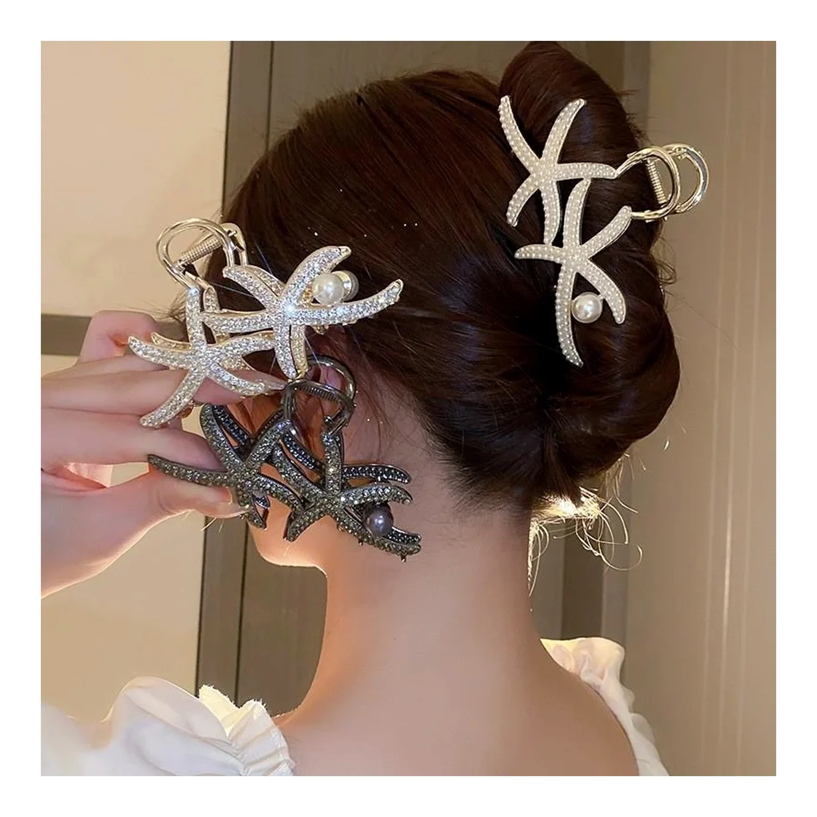 ឈុតសក់ត្រីឆ្លាម Rhinestone Starfish Pearl Clip
