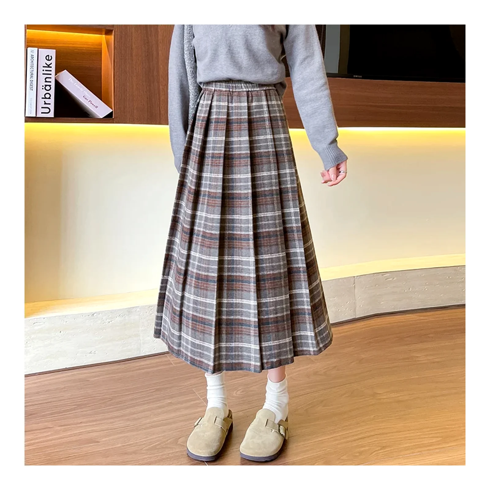 Skirt wanita musim luruh musim sejuk pinggang tinggi nampak kurus panjang sederhana lipatan corak kotak pinggang elastik tutup lemak A-line skirt lipatan bulu