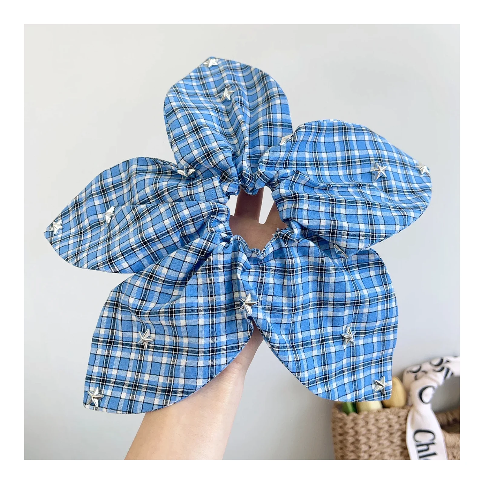 Phụ kiện tóc buộc tóc scrunchie kẻ ô họa tiết hoa ngôi sao thủ công phong cách Hàn Quốc