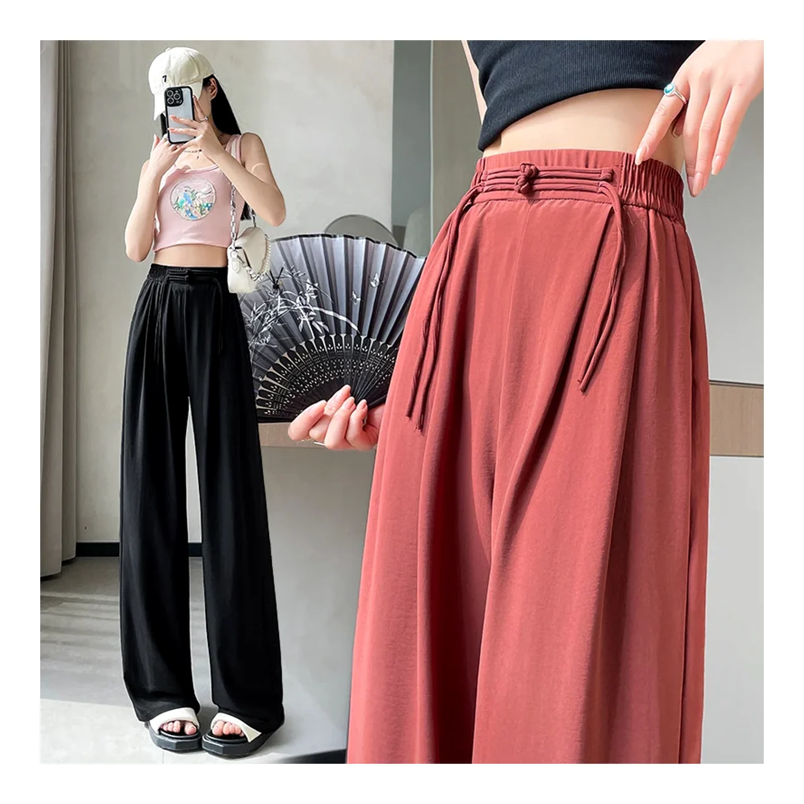 New Chinese-style wide-leg pants for women, summer national-style frog button elastic waist ice-feel drape loose slimming straight-leg casual long pants