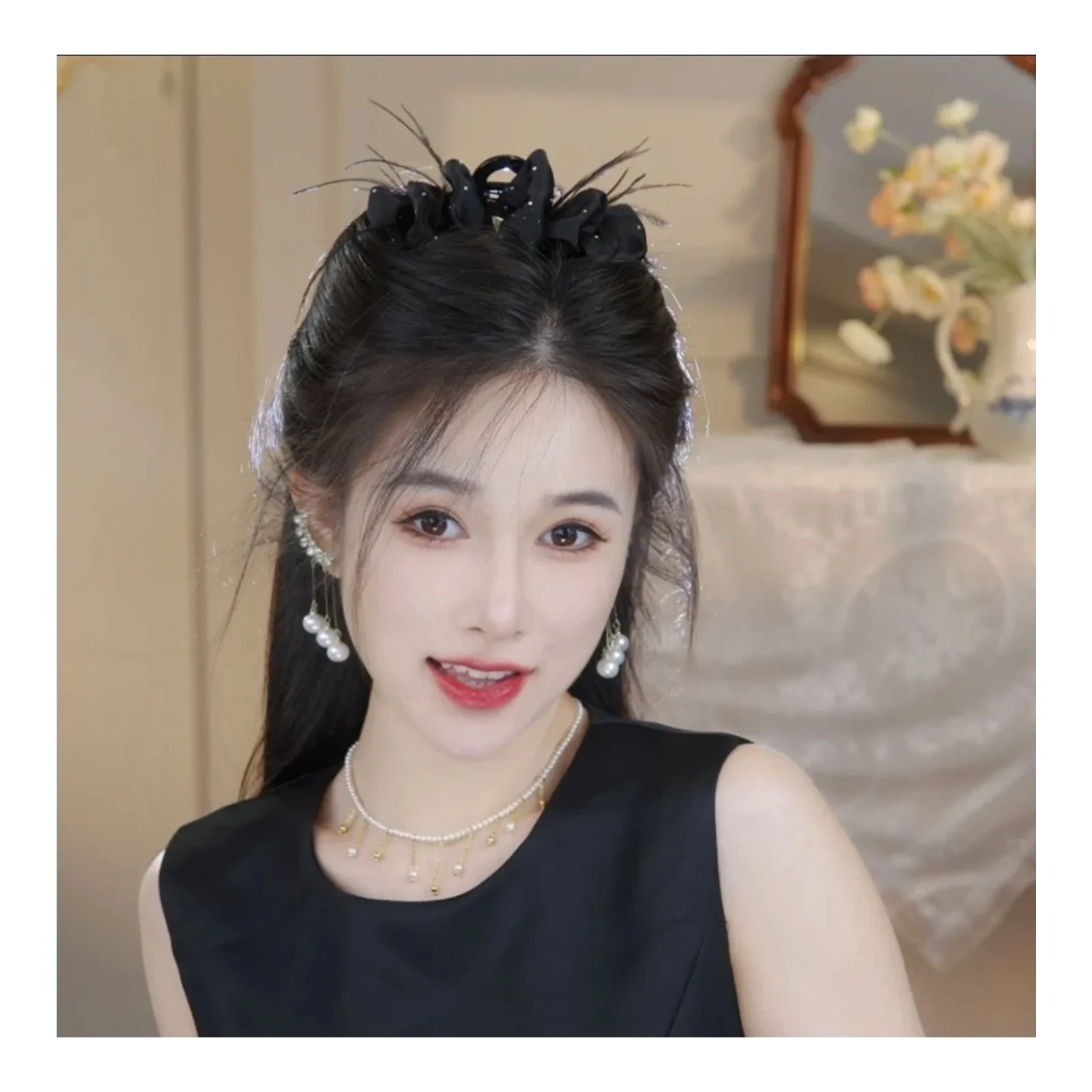 กิ๊บติดผมขนนกหัวใจเพชรผ้าโพกผมปอมปอม