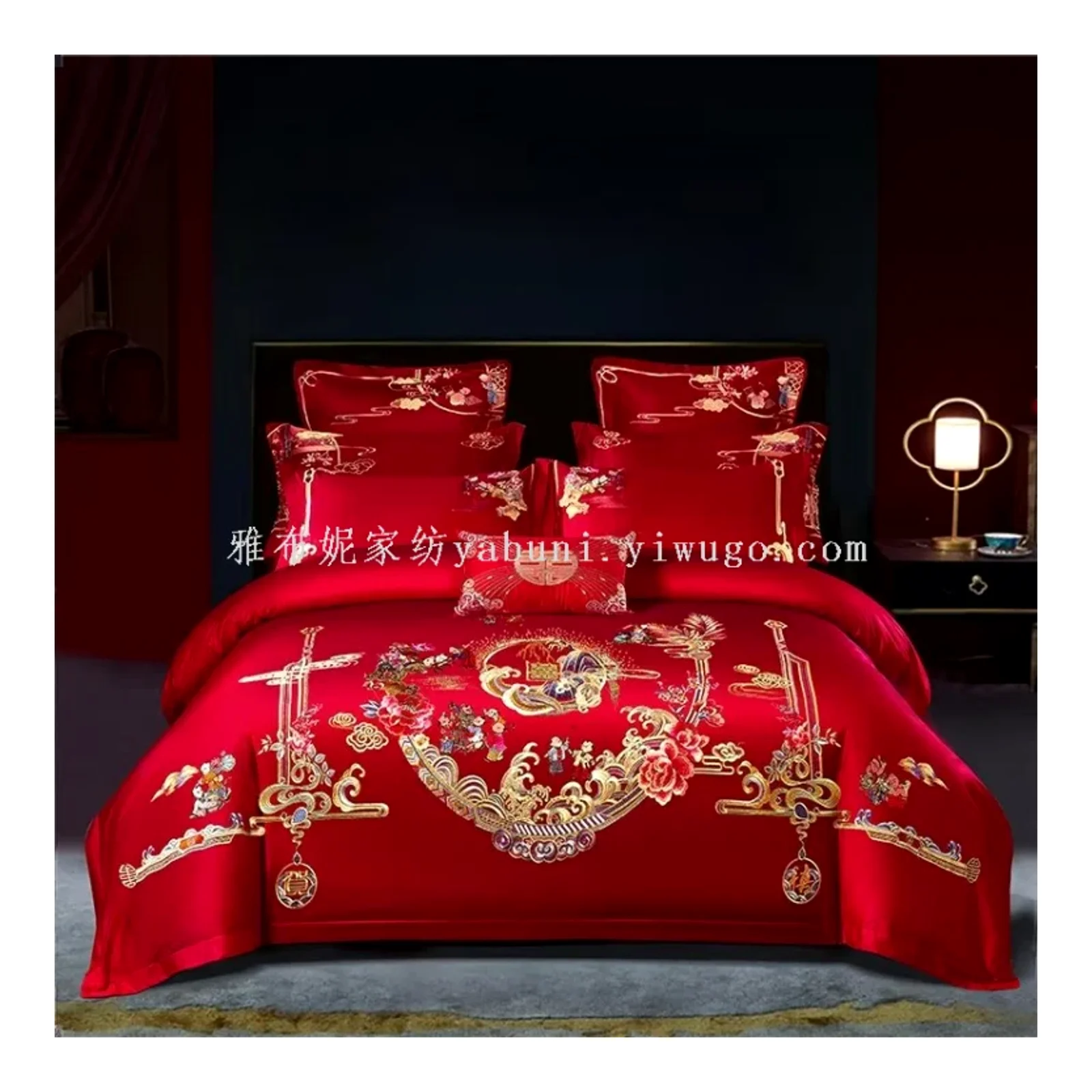 មួយឈុតអាពាហ៍ពិពាហ៍កប្បាសសុទ្ធមួយឈុត ឈុតក្រណាត់កប្បាសសុទ្ធ 1ឈុត ឈុតប៉ាក់ពណ៌ក្រហមប្រណិតប្រណិតខ្ពស់ ឈុតបួនដុំ