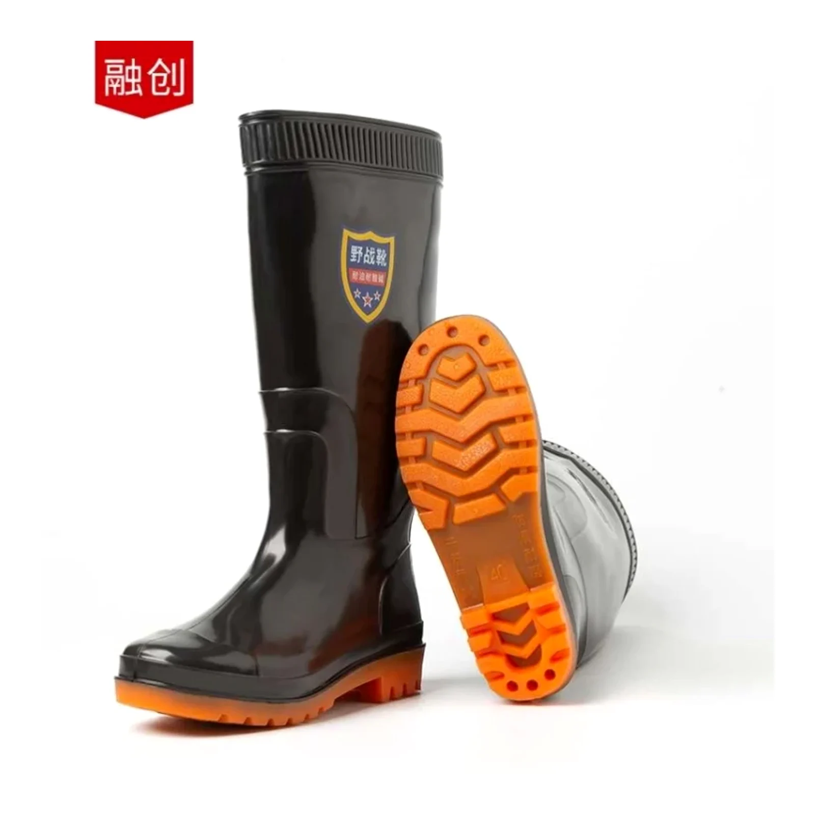 รองเท้าบูทยางกันฝนสำหรับผู้ชาย วัสดุ PVC กันลื่น กันน้ำ สีดำ หนาพิเศษ ทนทาน รองเท้ายางสำหรับทำงานในไซต์ก่อสร้าง