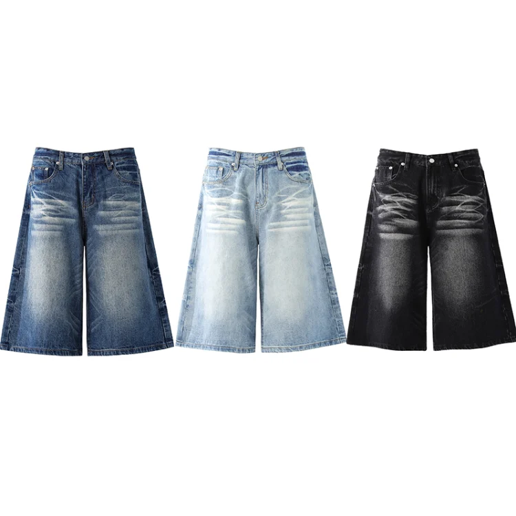 Quần short jean nam 7/10 rửa nhám gấu mèo phong cách rộng rãi hip-hop unisex mùa hè