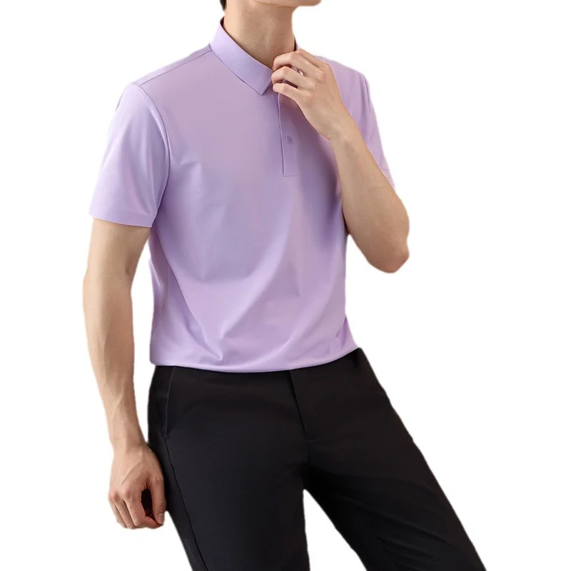เสื้อโปโลผ้าไหมเย็นยืดหยุ่นสูงสำหรับผู้ชาย เสื้อยืดแขนสั้น สีพื้นเรียบ ใส่ทำงานหรือลำลอง ไม่ต้องรีด กันยับ ให้ความรู้สึกเย็น สินค้าแฟชั่นผู้ชายฤดูร้อน