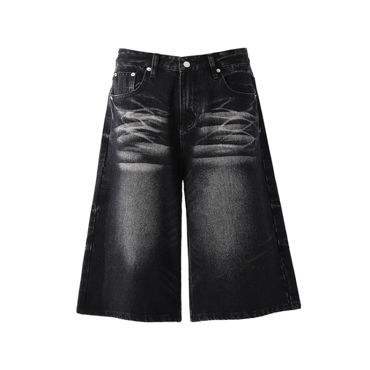 Quần short jean nam 7/10 rửa nhám gấu mèo phong cách rộng rãi hip-hop unisex mùa hè