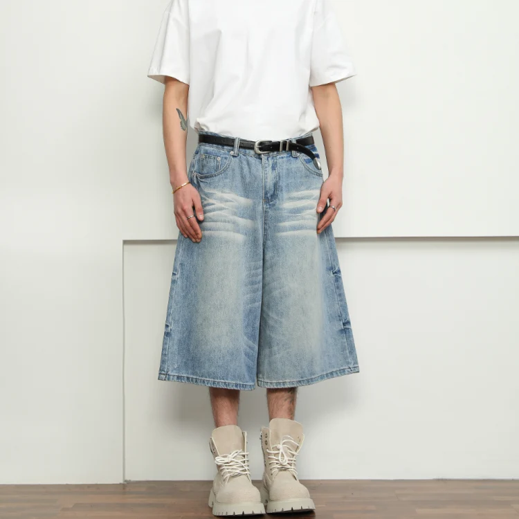 Quần short jean nam 7/10 rửa nhám gấu mèo phong cách rộng rãi hip-hop unisex mùa hè
