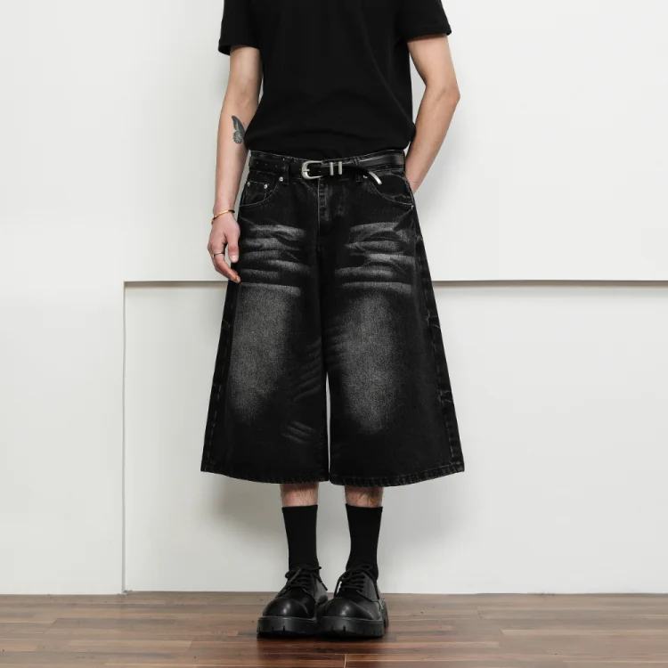 Quần short jean nam 7/10 rửa nhám gấu mèo phong cách rộng rãi hip-hop unisex mùa hè