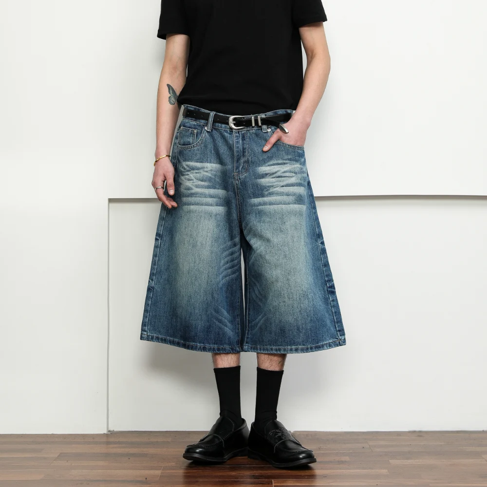 Quần short jean nam 7/10 rửa nhám gấu mèo phong cách rộng rãi hip-hop unisex mùa hè
