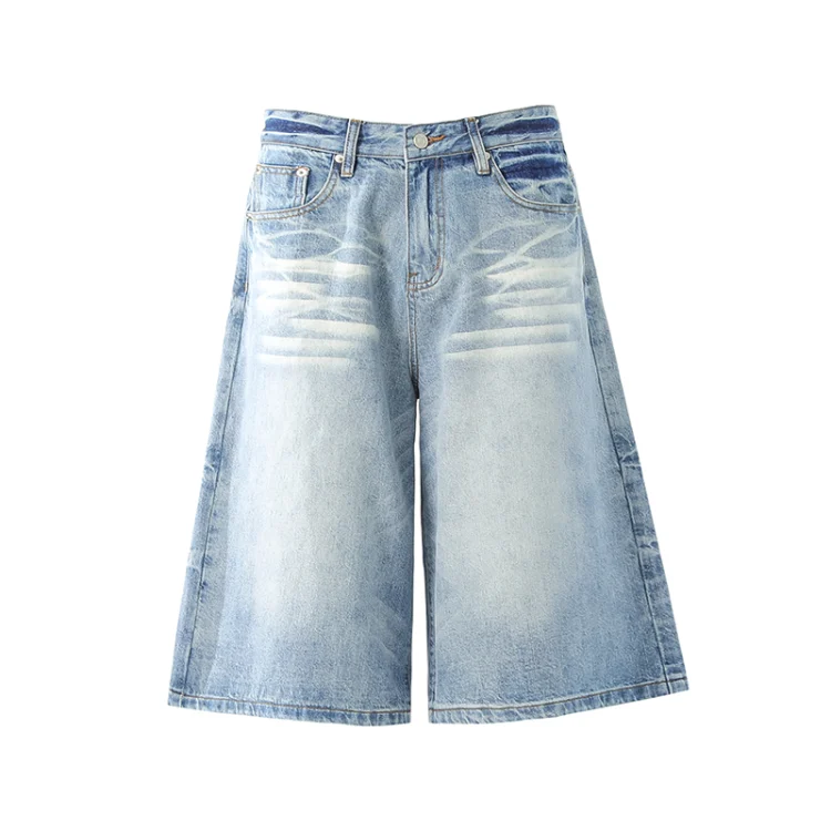 Quần short jean nam 7/10 rửa nhám gấu mèo phong cách rộng rãi hip-hop unisex mùa hè