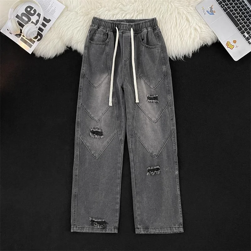 Quần jeans nam phong cách vintage Mỹ giặt wash phá hỏng lỗ thủng, quần dài ống thẳng đường phố, quần dài thường ngày rộng rãi suông ống rộng