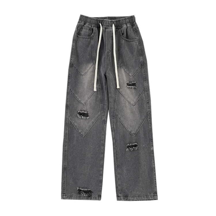 Quần jeans nam phong cách vintage Mỹ giặt wash phá hỏng lỗ thủng, quần dài ống thẳng đường phố, quần dài thường ngày rộng rãi suông ống rộng