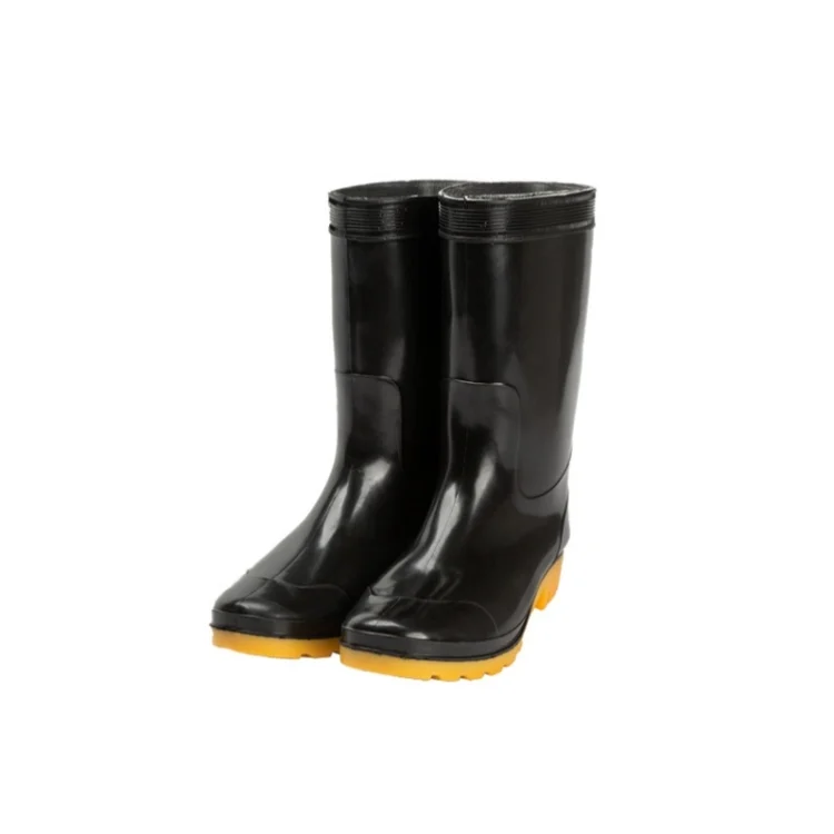 รองเท้าบูทยางกันฝนสำหรับผู้ชาย วัสดุ PVC กันลื่น กันน้ำ สีดำ หนาพิเศษ ทนทาน รองเท้ายางสำหรับทำงานในไซต์ก่อสร้าง