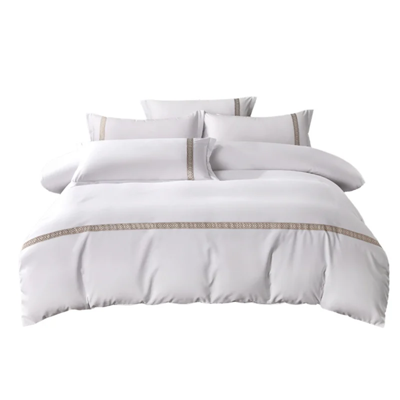 ឈុតគ្រែបួនសម្រាប់សណ្ឋាគារ សម្ភារៈគ្រែកប្បាសសុទ្ធ សន្លឹកគ្រែ និងគម្របភួយ ស្បែកស្រួយ គេងអាក្រាត គម្របភួយ និងសន្លឹកគ្រែសម្រាប់ផ្ទះសំណាក់