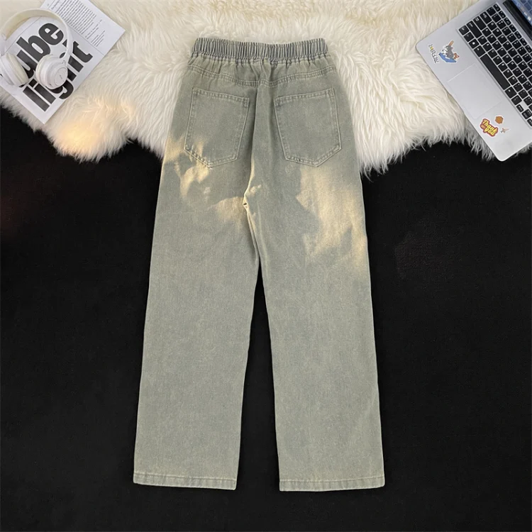 Quần jeans nam phong cách vintage Mỹ giặt wash phá hỏng lỗ thủng, quần dài ống thẳng đường phố, quần dài thường ngày rộng rãi suông ống rộng