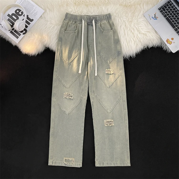 Quần jeans nam phong cách vintage Mỹ giặt wash phá hỏng lỗ thủng, quần dài ống thẳng đường phố, quần dài thường ngày rộng rãi suông ống rộng