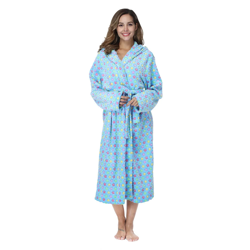 Jubah mandi kolar berzip Zhenai Zhenfang panjang pajama bercetak kolar santai flanel jubah tidur jubah mandi