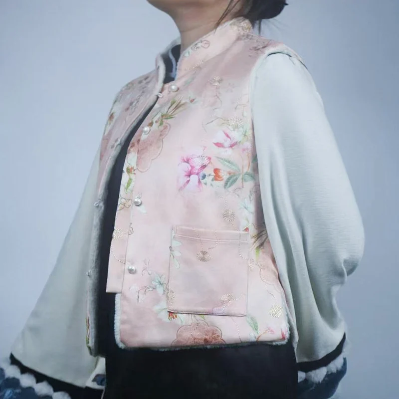 2025 Zen-style fleece-lined Chinese-style printed retro stand-collar frog-button vest jacket Chinese-style sleeveless top