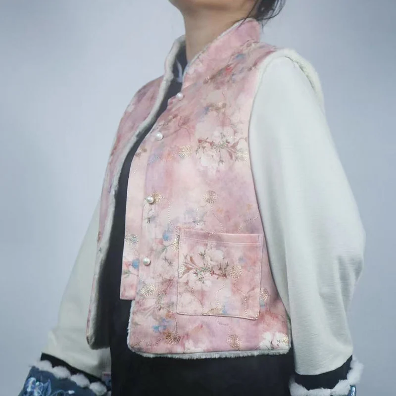 2025 Zen-style fleece-lined Chinese-style printed retro stand-collar frog-button vest jacket Chinese-style sleeveless top