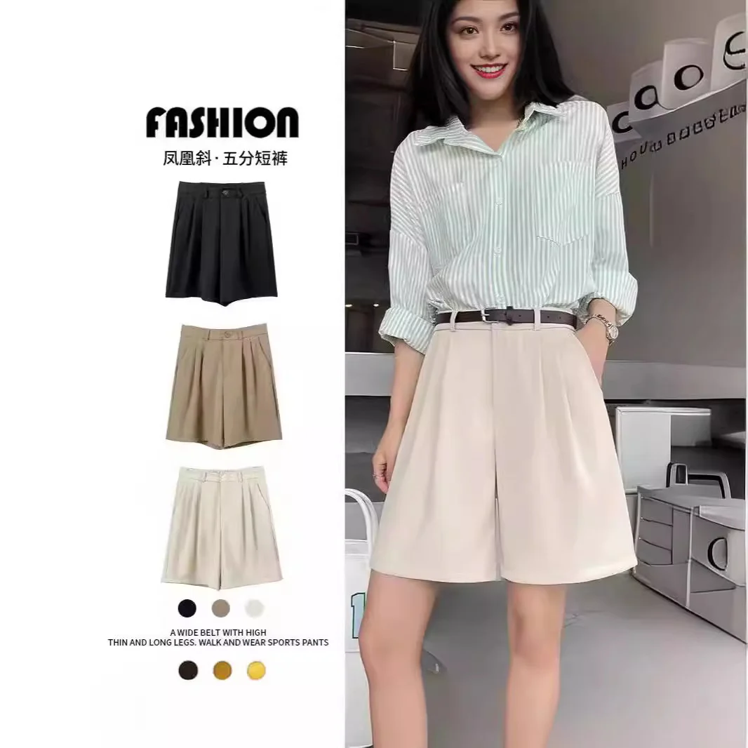 White suit shorts for women, outerwear, summer thin A-line casual wide-leg mid-thigh shorts, high waist, straight leg, slimming five-point shorts