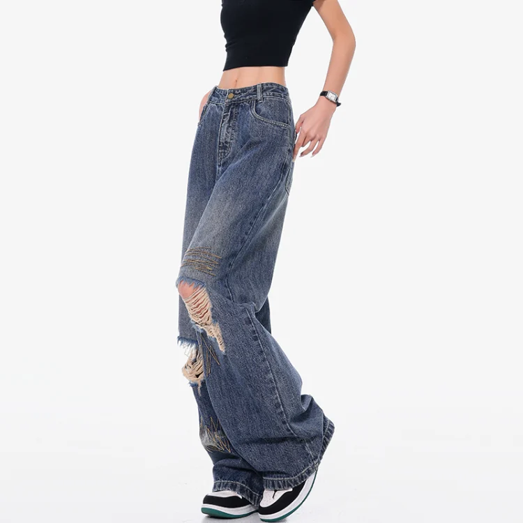 Seluar jeans wanita potongan lebar lusuh bergaya retro Amerika dengan sulaman reka bentuk kasual musim bunga musim panas lurus labuh menyapu lantai