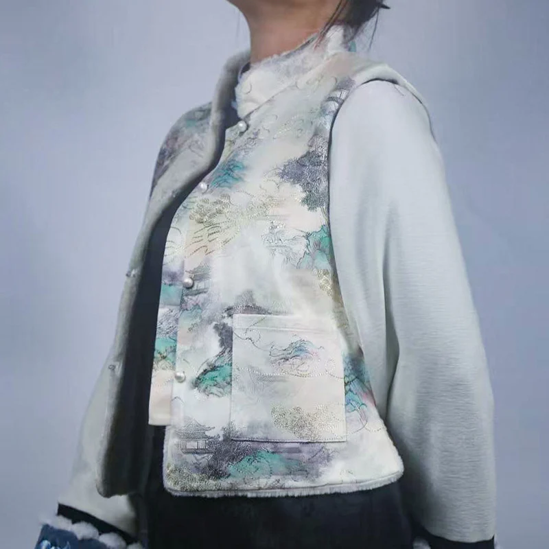 2025 Zen-style fleece-lined Chinese-style printed retro stand-collar frog-button vest jacket Chinese-style sleeveless top