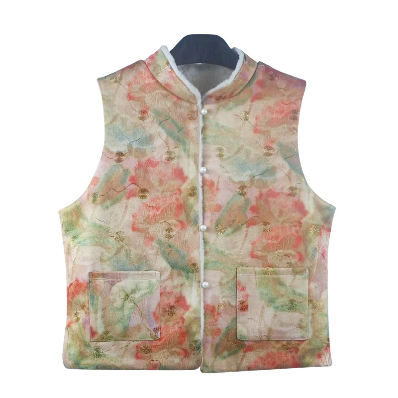 2025 Zen-style fleece-lined Chinese-style printed retro stand-collar frog-button vest jacket Chinese-style sleeveless top