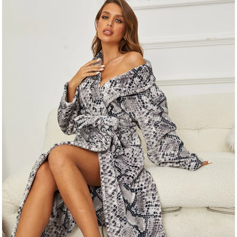 Jubah mandi kolar berzip Zhenai Zhenfang panjang pajama bercetak kolar santai flanel jubah tidur jubah mandi