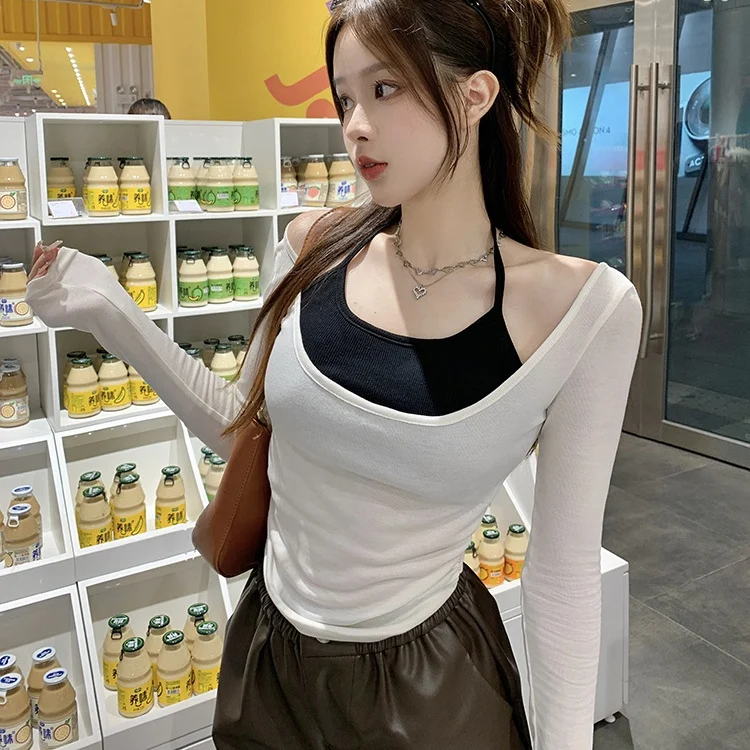 T-shirt lengan panjang dua helai digantung leher dengan reka bentuk kontras warna untuk wanita, musim luruh, bergaya murni menggoda, nampak kurus, pendek, baju dalam, pendek