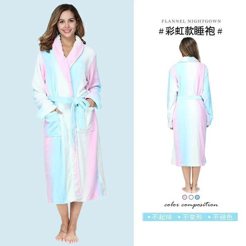 Jubah mandi kolar berzip Zhenai Zhenfang panjang pajama bercetak kolar santai flanel jubah tidur jubah mandi