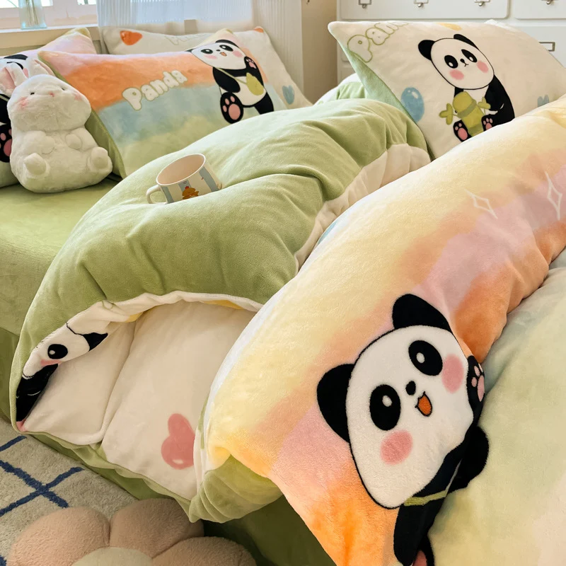 ชุดเครื่องนอน 4 ชิ้นผ้าสักหลาดนมวัวหนาพิเศษระดับแม่และเด็ก Zhenai กันหนาวฤดูหนาว ผ้าปูที่นอนแบบสองหน้าบุผ้าสักหลาด ปลอกผ้านวม ผ้าปูที่นอน ผ้าคลุมที่นอน ชุด 3 ชิ้น