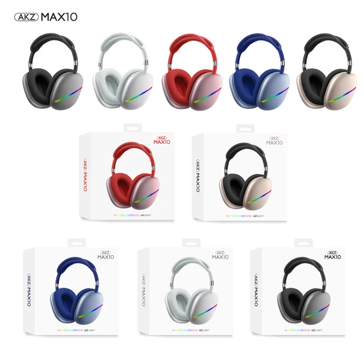 หูฟังแบบสวมศีรษะ บลูทูธ AKZ-MAX10 ช่องใส่การ์ด ไฟ RGB หลากสี เบสหนัก กีฬา ไร้สาย แบบสวมศีรษะ