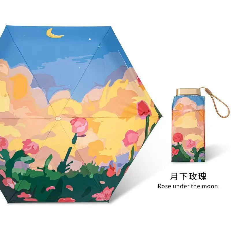ร่มกันแดดกันรังสียูวี 6 ซี่สไตล์ภาพวาดสีน้ำมันวินเทจ แข็งแรงทนลม ใช้ได้ทั้งแดดและฝน ร่มพับสำหรับผู้หญิง