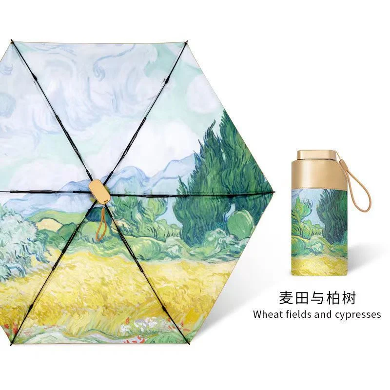 ร่มกันแดดกันรังสียูวี 6 ซี่สไตล์ภาพวาดสีน้ำมันวินเทจ แข็งแรงทนลม ใช้ได้ทั้งแดดและฝน ร่มพับสำหรับผู้หญิง