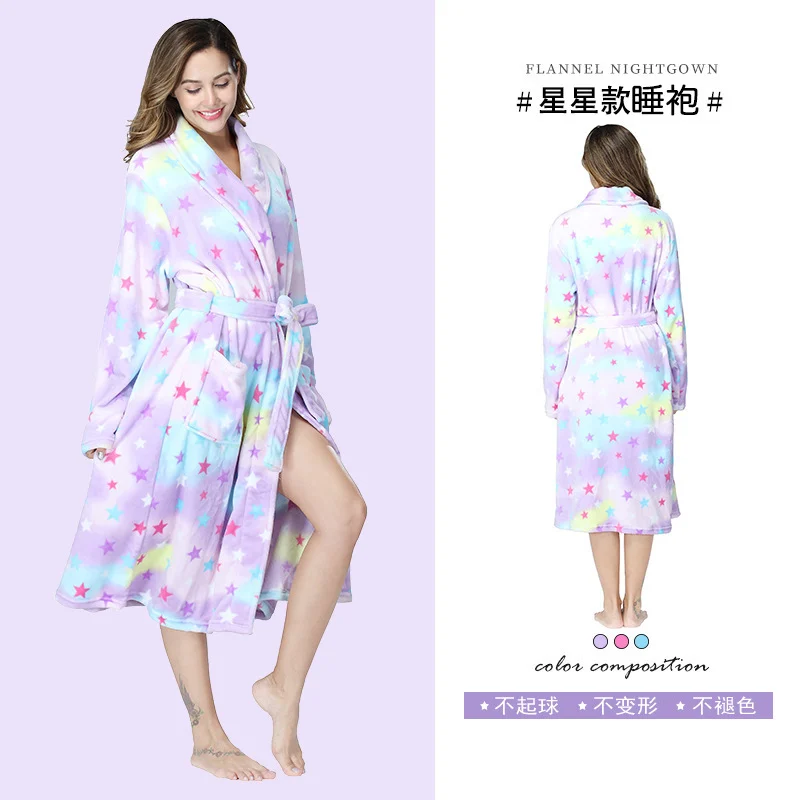 Jubah mandi kolar berzip Zhenai Zhenfang panjang pajama bercetak kolar santai flanel jubah tidur jubah mandi