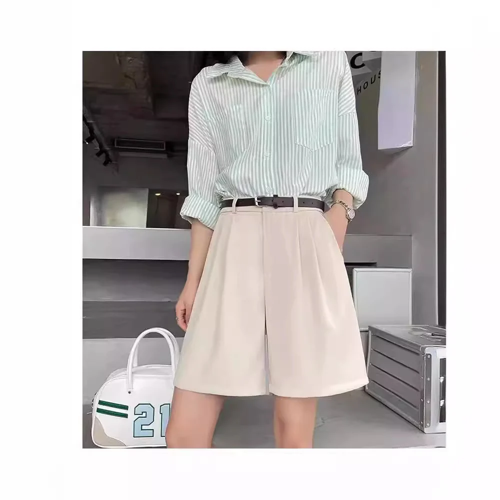 White suit shorts for women, outerwear, summer thin A-line casual wide-leg mid-thigh shorts, high waist, straight leg, slimming five-point shorts