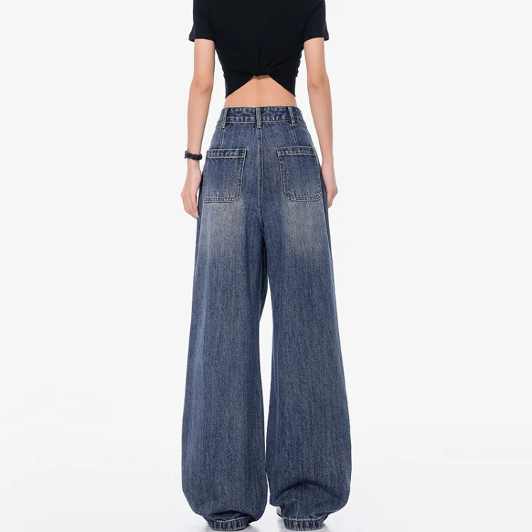 Seluar jeans wanita potongan lebar lusuh bergaya retro Amerika dengan sulaman reka bentuk kasual musim bunga musim panas lurus labuh menyapu lantai