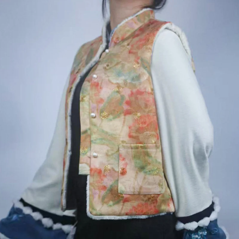 2025 Zen-style fleece-lined Chinese-style printed retro stand-collar frog-button vest jacket Chinese-style sleeveless top